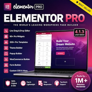May include: A laptop displaying the Elementor Pro interface with a dark purple gradient background. Text includes Elementor Pro, The World's Leading WordPress Page Builder, 4.1.3 Latest Version, Best Seller, and Trusted by 1M+ Websites Worldwide.