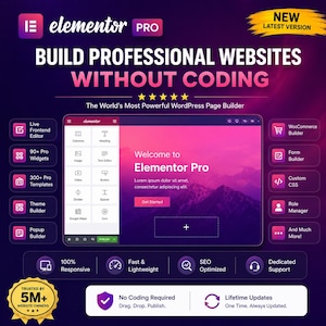 Könnte beinhalten: Eine digitale Grafik für Elementor Pro mit dem Text Build Professional Websites Without Coding. Das Bild zeigt eine Website-Builder-Oberfläche mit einem violett-pinken Farbverlauf, verschiedenen Funktionssymbolen und einem 5M+ website owners Abzeichen.