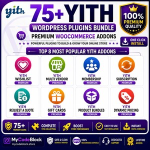 K&ouml;nnte beinhalten: Eine digitale Grafikwerbung f&uuml;r ein Paket mit &uuml;ber 75 YITH WordPress-Plugins und WooCommerce-Addons. Das Layout zeigt eine Liste der 8 beliebtesten Plugins mit Symbolen, darunter Wishlist, Multi Vendor, Membership und Subscription.