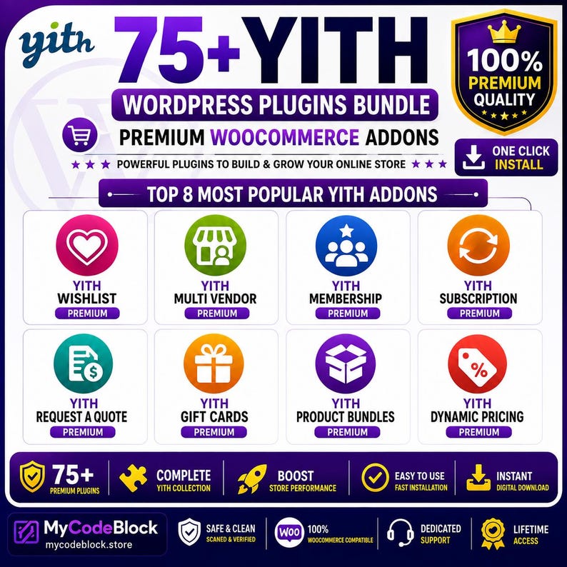 K&ouml;nnte beinhalten: Eine digitale Grafikwerbung f&uuml;r ein Paket mit &uuml;ber 75 YITH WordPress-Plugins und WooCommerce-Addons. Das Layout zeigt eine Liste der 8 beliebtesten Plugins mit Symbolen, darunter Wishlist, Multi Vendor, Membership und Subscription.