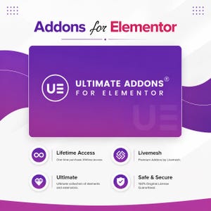 May include: A purple and white graphic featuring the text Addons for Elementor and Ultimate Addons for Elementor. Below the main box are four circular icons representing Lifetime Access, Livemesh, Ultimate, and Safe & Secure features.