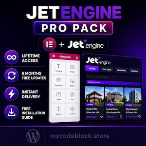 Könnte beinhalten: Eine digitale Grafik für das JetEngine Pro Pack in Lila und Schwarz. Sie zeigt ein Elementor-Widget-Panel, eine JetEngine-Oberfläche mit Immobilienanzeigen sowie eine Liste von Funktionen wie lebenslangen Zugriff und kostenlose Updates.