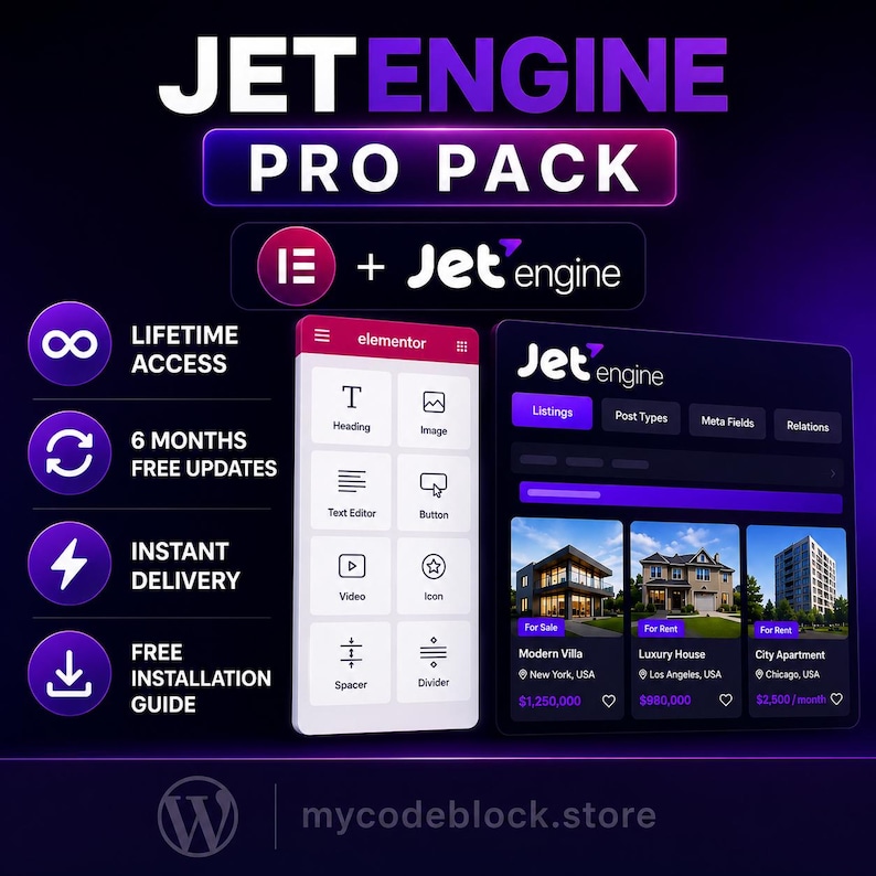 Op de afbeelding: Een digitale afbeelding voor JetEngine Pro Pack met een paars en zwart thema. Het toont een Elementor-widgetpaneel, een JetEngine-interface met vastgoedvermeldingen en een lijst met functies zoals levenslange toegang en gratis updates.