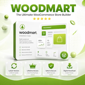 May include: A white and green digital graphic for the Woodmart WordPress theme. It features the text Woodmart, The Ultimate WooCommerce Store Builder, and lists features like 850+ prebuilt websites, 24/7 support, and performance metrics.