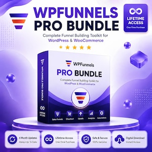May include: A white and purple box labeled WPFunnels Pro Bundle, a complete funnel building toolkit for WordPress and WooCommerce. The box features a funnel icon, five yellow stars, and text indicating lifetime access and digital download.