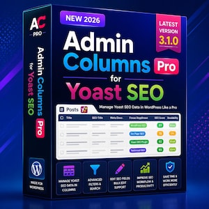 Könnte beinhalten: Eine dunkelblaue Software-Box für Admin Columns Pro für Yoast SEO, Version 3.1.0, mit einer Dashboard-Oberfläche, dem WordPress-Logo und fünf Symbolen für Datenverwaltung, Filter, Bearbeitung, Arbeitsabläufe und Effizienz-Tools.