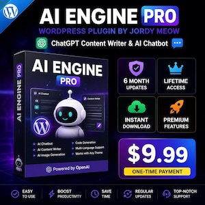 May include: A digital product box for AI Engine Pro, a WordPress plugin by Jordy Meow. The box features a white robot mascot, the text AI Engine Pro, and lists features like AI Chatbot, Content Writer, and Image Generation. Includes icons for updates, lifetime access, and a $9.99 price tag.