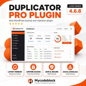 May include: A digital graphic for Duplicator Pro Plugin version 4.6.8, featuring a dashboard interface with backup statistics, storage usage, and quick action buttons. The layout includes orange and white branding with icons for lifetime access.