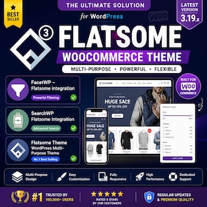 May include: A digital marketing graphic for the Flatsome WooCommerce theme for WordPress, version 3.19.x. The image displays a tablet and smartphone showing a website interface, alongside text highlighting features like FacetWP and SearchWP integration.