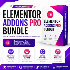 May include: A digital product box for the Elementor Addons Pro Bundle featuring a purple and white color scheme. The text reads The Ultimate Elementor Addons Pro Bundle, All Premium Addons, One Powerful Bundle, Lifetime Access, and Safe & Secure.