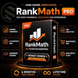 May include: A black box for RankMath PRO, the SEO plugin for WordPress, featuring orange accents and text. The box displays the RankMath logo, a bar chart icon, and labels including Newest Version, Higher Rankings, SEO Analytics, and Lifetime Access.
