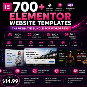 May include: A digital bundle of 700+ Elementor website templates for WordPress, featuring 200+ website kits, 100+ landing pages, and 50+ add-ons. The graphic includes icons for business, ecommerce, medical, fitness, restaurant, and real estate.