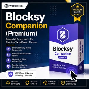 Może przedstawiać: Cyfrowe pudełko produktu Blocksy Companion Premium, rozszerzenie motywu WordPress. Pudełko jest fioletowo-białe z logo Blocksy. Tekst zawiera 'Blocksy Companion (Premium)', 'Powerful Extensions' oraz 'Supercharge Your Blocksy Experience'.