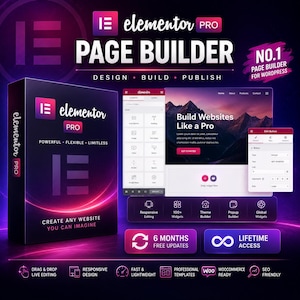 Op de afbeelding: Een donkerpaarse doos voor Elementor Pro page builder software met het logo en de tekst Create Any Website You Can Imagine. Daarnaast staat een digitale interface met website-ontwerptools en de tekst Build Websites Like a Pro.