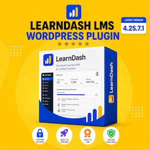 May include: A LearnDash LMS WordPress plugin box on a yellow background. The box features the LearnDash logo, text reading 'The Most Trusted LMS for Online Courses', and a dashboard interface. A blue badge displays 'LATEST VERSION 4.25.7.1'.