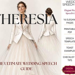 Può includere: Una guida digitale per discorsi di matrimonio intitolata THERESIA, THE ULTIMATE WEDDING SPEECH GUIDE. Il documento contiene 16 pagine eleganti, un PDF stampabile, modelli di discorsi, esempi di brindisi e una lista di controllo con consigli.