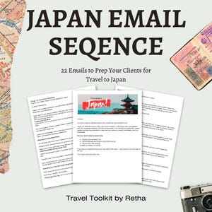 May include: A digital document titled JAPAN EMAIL SEQUENCE with the subtitle 22 Emails to Prep Your Clients for Travel to Japan. The layout includes three overlapping printed email templates, a vintage map, a passport, and a camera.
