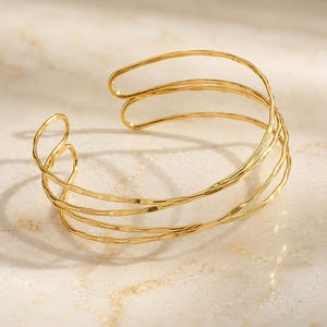 Women's Minimalist Multi Layer Open Cuff Bracelet, Gold Plated Adjustable Cuff Bangle, Modern Arm Cuff Bracelet, Elegant Statement