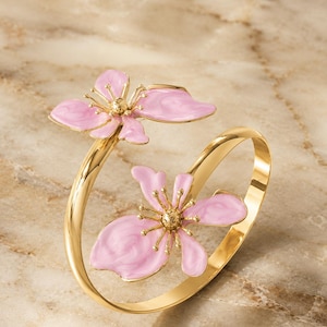 Women's Enamel Flower Open Cuff Bracelet, Gold Plated Floral Bangle, Adjustable Cherry Blossom Bracelet, Elegant Statement Jewelry Gift