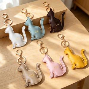 May include: Six cat-shaped keychains in white, light blue, dark brown, beige, light pink, and yellow. Each keychain features a gold-toned metal lobster clasp and ring, with two gold-embossed letters centered on the body of each cat figure.