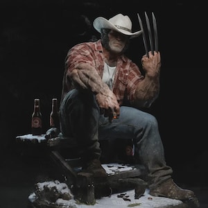 May include: A detailed figurine of a character wearing a white cowboy hat, a red and white plaid shirt, and blue jeans. The character has three metal claws extended from one hand, sits on a wooden structure, and is surrounded by beer bottles.