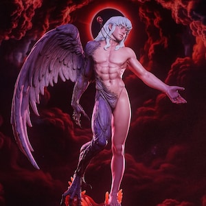 May include: A detailed figurine of a pale, long-haired figure with one large feathered wing and a clawed leg, standing atop a base of red, swirling organic forms. The figure has a muscular torso and is positioned against a dark red, cloudy sky.