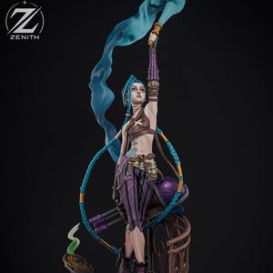 May include: A detailed character figurine featuring a person with blue hair, wearing a brown crop top and purple striped trousers, holding a blue smoke flare high. The figure stands on a mechanical platform with a Zenith logo in the top corner.