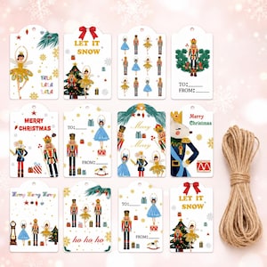 Nutcracker Christmas Gift Tags, Watercolor Holiday Present Labels, Jute Twine Included