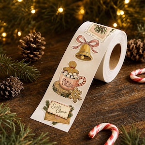 Könnte beinhalten: Eine Rolle weißes Klebeband mit wiederkehrenden weihnachtlichen Illustrationen, darunter eine goldene Glocke mit rosa Schleife, ein Lebkuchenmann in einer Tasse mit der Aufschrift Merry & Bright, eine Schneeflocke und ein Brief an den Weihnachtsmann.