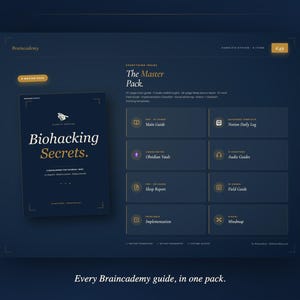 Könnte beinhalten: Eine dunkelblaue digitale Produktübersicht mit dem Titel Biohacking Secrets. Das Master Pack enthält einen Hauptleitfaden, ein Notion-Tagebuch, einen Obsidian-Tresor, Audio-Guides, einen Schlafbericht, einen Feldführer sowie eine Mindmap-Vorlage.