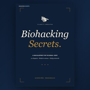 May include: A dark blue rectangular book cover titled Biohacking Secrets in white and gold serif font. The text includes A 2026 BLUEPRINT FOR THE BRAIN + BODY, 10 chapters, Modern science, Daily protocols, and the author name Interface Slidow.