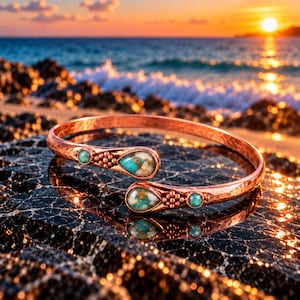 Armreif aus Kupfer und Austerntürkis, Armband mit Naturstein, handgefertigter Boho-Schmuck, Türkis-Geschenk für Sie, verschiedene Steine ​​und Größen