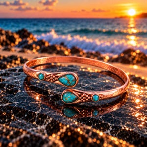 Kupfernes Türkis-Armband, Armreif mit Naturstein, handgefertigter Boho-Schmuck, Türkis-Geschenk für Sie, verschiedene Steine ​​und Größen