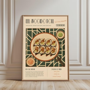 Peut inclure: Une affiche rectangulaire illustrant des sushis à l'anguille et à l'avocat sur une assiette. Le texte indique EEL AVOCADO ROLL, 1960, FROM JAPAN, et PERFECT WITH MISO SOUP, GREEN TEA, PICKLED GINGER. Le fond présente un motif géométrique vert.