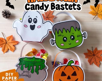 Cesta de Halloween imprimible en formato SVG, 4 cestas de dulces en 2 tamaños, manualidad de papel para truco o trato, recuerdo de fiesta de Halloween para niños en formato PDF y SVG.