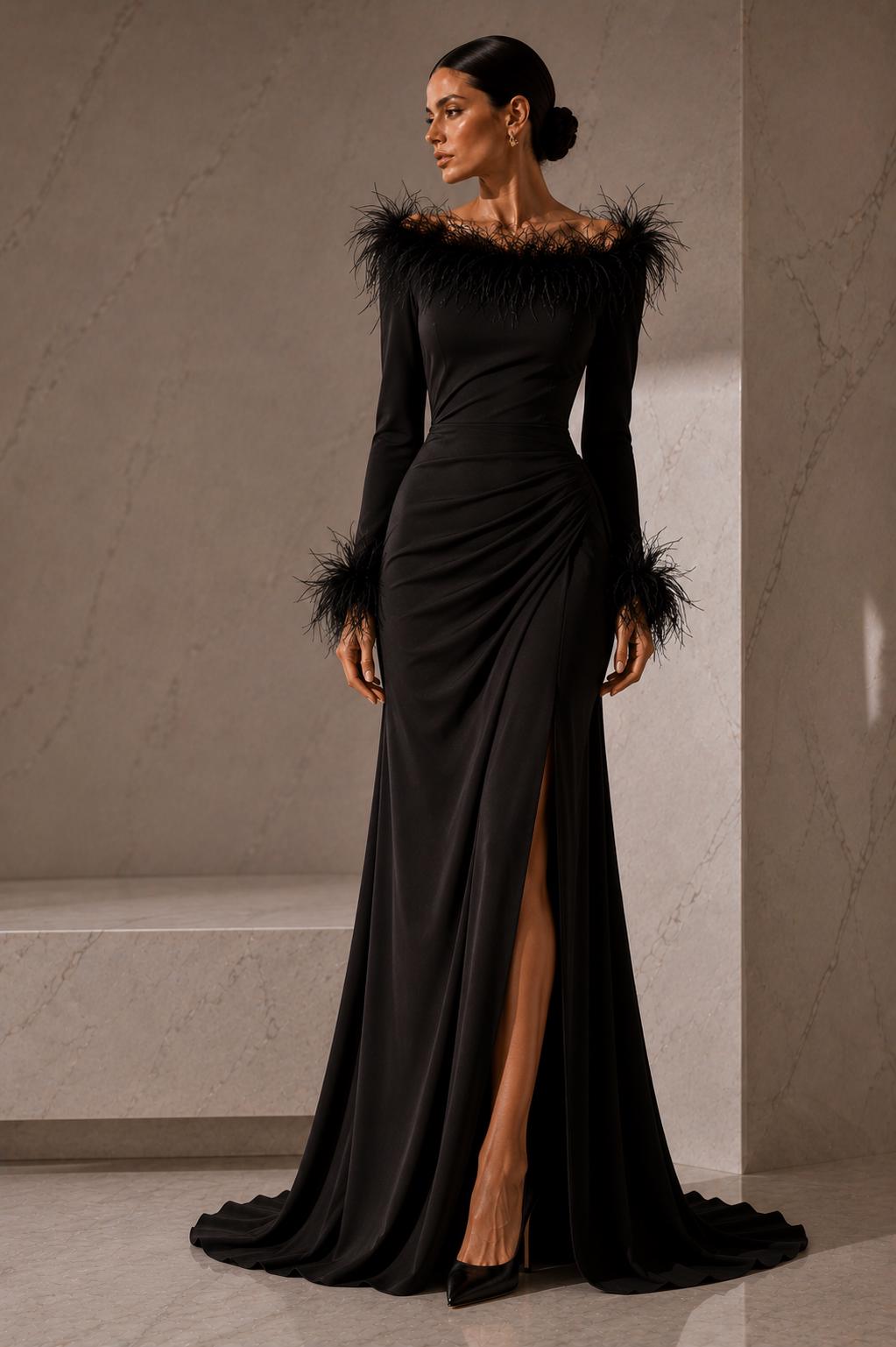 Feather Trim off Shoulder Black Dress