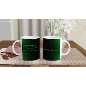 May include: Two white ceramic mugs featuring a dark green gradient background. One mug displays code text: def developer(coffee, ai): return '10x engineer' print(developer(True, True)). The other mug features the text: sudo make me a genius.