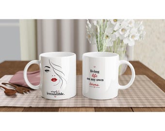 Mug à café à motif linéaire | Vivre ma vie comme je l'entends | Cadeau minimaliste inspirant pour une femme | Visage de femme
