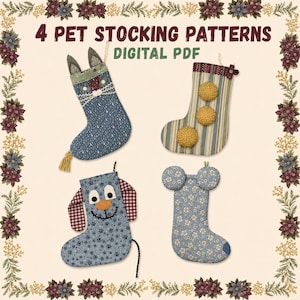 May include: Four pet stocking patterns in a digital PDF format. The designs include a blue cat stocking, a striped stocking with three yellow circles, a blue dog stocking with checkered ears, and a blue floral stocking with two round ears.