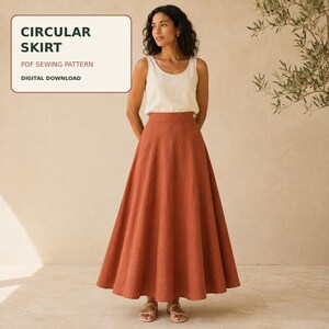 May include: A floor-length, rust-colored circular skirt with a high waistband, paired with a sleeveless cream-colored top. The image includes text that reads: CIRCULAR SKIRT, PDF SEWING PATTERN, DIGITAL DOWNLOAD. The skirt has a full, flared silhouette.