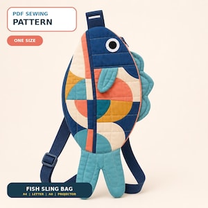 May include: A fish-shaped sling bag featuring a quilted geometric pattern in navy blue, cream, mustard yellow, and coral. The bag includes a dark blue strap with an adjustable buckle, a side fin, and a tail. Text reads PDF SEWING PATTERN ONE SIZE.