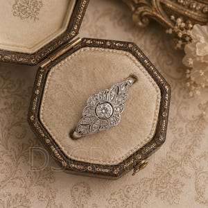 May include: A silver-toned ring featuring a central round-cut stone surrounded by an elongated, leaf-shaped filigree setting encrusted with small clear stones. The ring is displayed inside an octagonal, velvet-lined brown box with the text DSCRAFTUS.