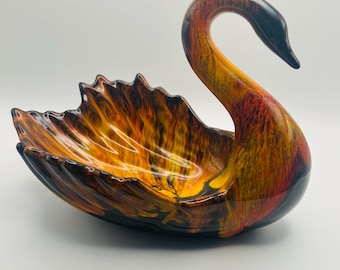 Vintage Evangeline Ware Swan Bowl #101 | Canadian Flame Drip Glaze Art Pottery | Mid Century Canuck Pottery