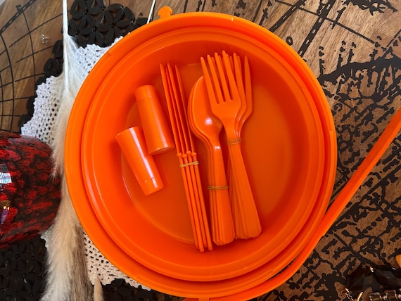 Vintage Picnic Master Orange Camping Dinnerware Set | 1970s Retro Portable Kit