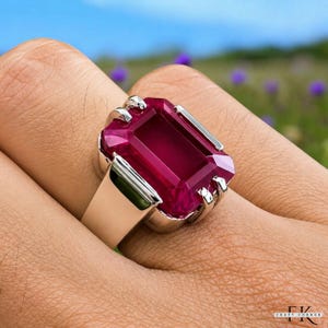 Red Emerald Cut Ruby Ring for Men Lab Created Ruby Gemstone 925 Sterling Silver Mens Ring Handmade Square Ruby Statement Ring Gift for Him