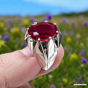 Lab Created Pigeon Blood Red Ruby Ring for Men Ruby Statement Ring 925 Sterling Silver Handmade Ruby Gemstone Jewelry Gift for Him