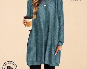 Women Long Tunic Blouse Puff Sleeve Casual Pocket Top