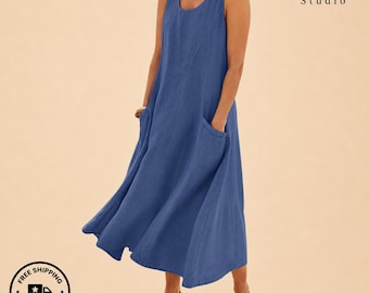 Cotton Linen Sundress Women Sleeveless Beach Maxi Dress