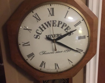 Vintage Schweppes Mixers Wooden Advertising Electric Pendulum Wall Clock