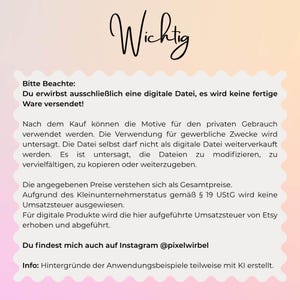 Puede incluir: Una tarjeta de informaci&oacute;n digital con un borde blanco festoneado sobre un fondo degradado. El texto Wichtig aparece en la parte superior, seguido de texto en alem&aacute;n que detalla los t&eacute;rminos de uso de un archivo digital y restricciones.
